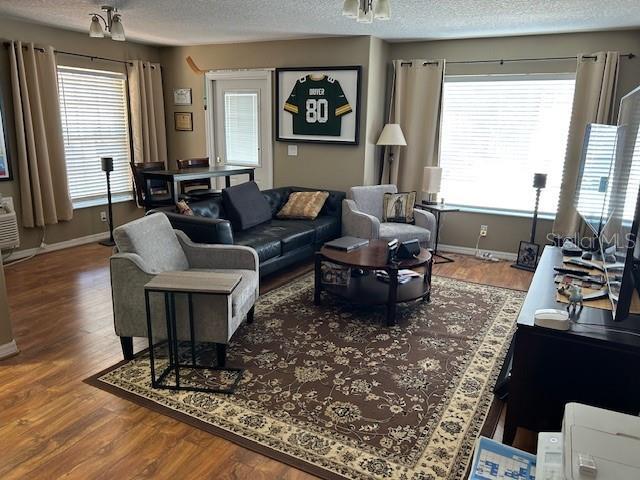 living area featuring a textured ceiling, baseboards, and wood finished floors