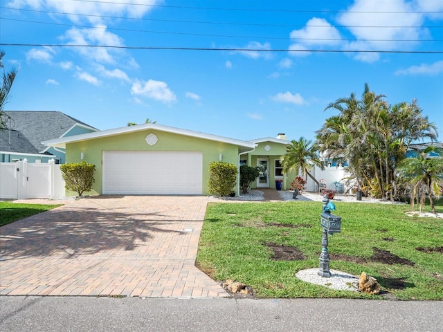 view of front facade featuring decorative driveway, stucco siding, an attached garage, a front yard, and fence