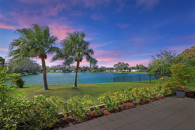 view of water feature featuring fence