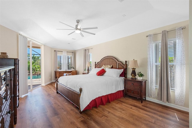 bedroom with access to outside, ceiling fan, baseboards, and wood finished floors