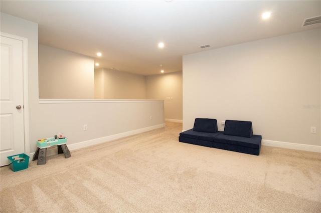 sitting room featuring recessed lighting, baseboards, visible vents, and carpet flooring