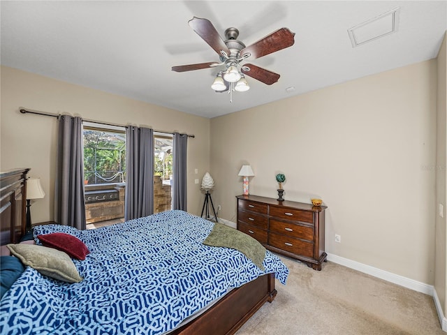 bedroom featuring ceiling fan, light carpet, visible vents, access to exterior, and baseboards