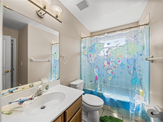 bathroom featuring a textured ceiling, vanity, visible vents, and shower / bathtub combination with curtain