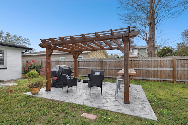 view of patio with a fenced backyard, a grill, and a pergola