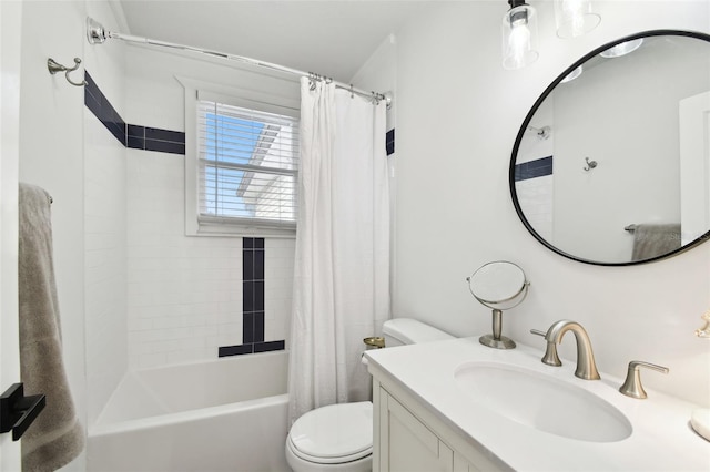 bathroom featuring toilet, shower / bath combination with curtain, and vanity