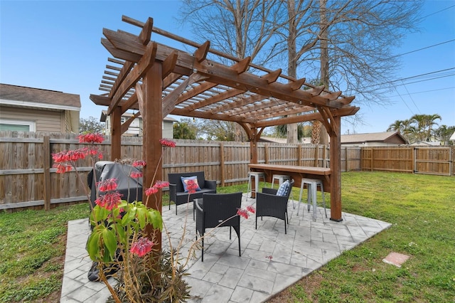 view of patio / terrace featuring a fenced backyard, outdoor lounge area, and a pergola