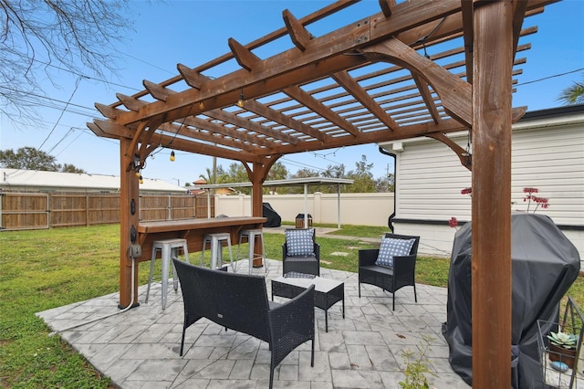 view of patio / terrace with a pergola, a fenced backyard, an outdoor living space, and a grill