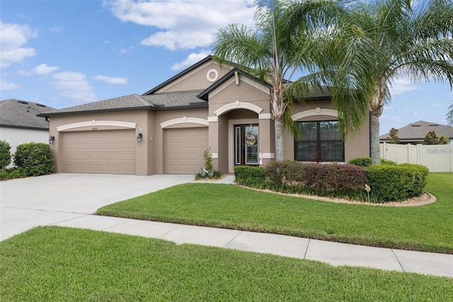 mediterranean / spanish home with stucco siding, fence, a garage, driveway, and a front lawn