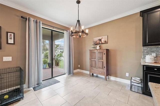 unfurnished dining area featuring light tile patterned flooring, crown molding, baseboards, and an inviting chandelier