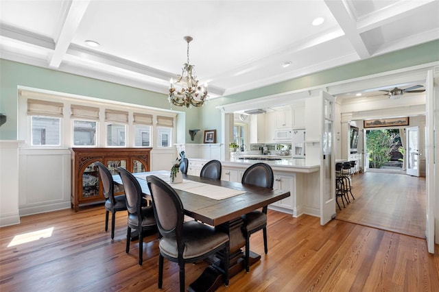 dining room featuring a wainscoted wall, beamed ceiling, light wood-type flooring, and coffered ceiling