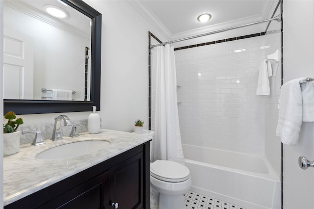 bathroom featuring vanity, toilet, ornamental molding, and shower / tub combo