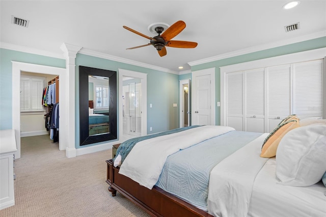 bedroom with crown molding, baseboards, visible vents, and light carpet