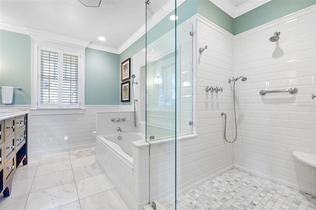 bathroom with a garden tub, a stall shower, tile patterned floors, and ornamental molding