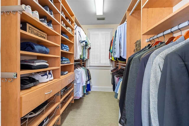 walk in closet with visible vents and carpet