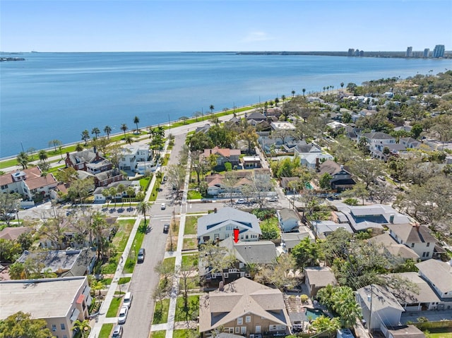 aerial view featuring a residential view and a water view