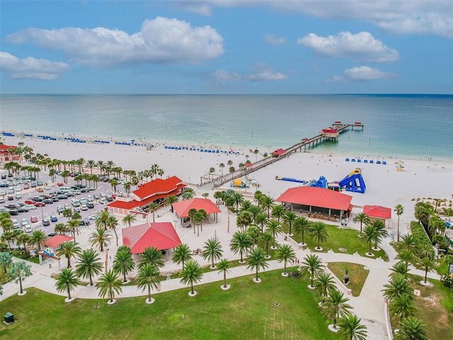 bird's eye view with a water view and a view of the beach