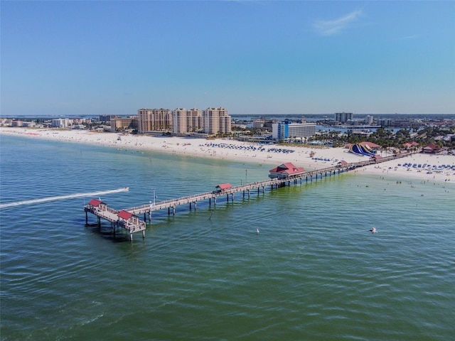 property view of water featuring a view of city and a beach view