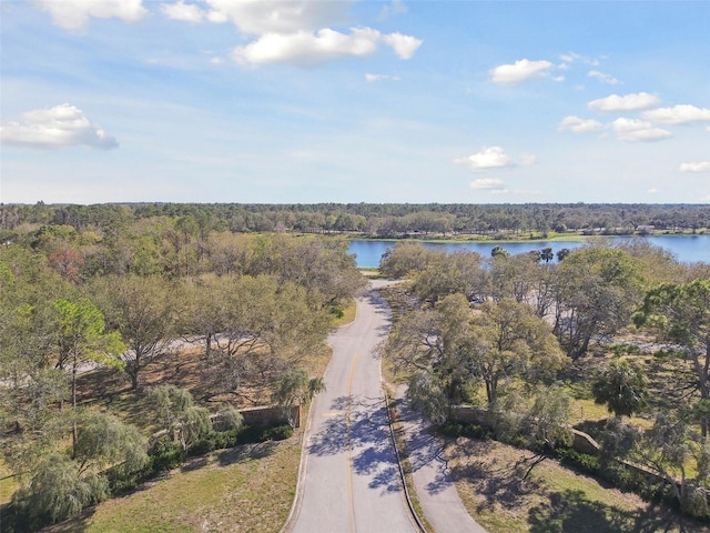 birds eye view of property with a water view and a wooded view