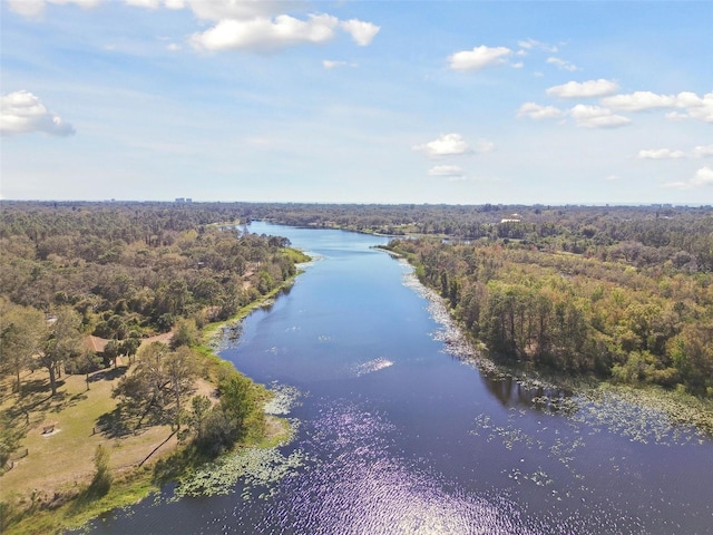 drone / aerial view featuring a water view and a view of trees