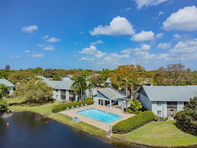 exterior space with a water view