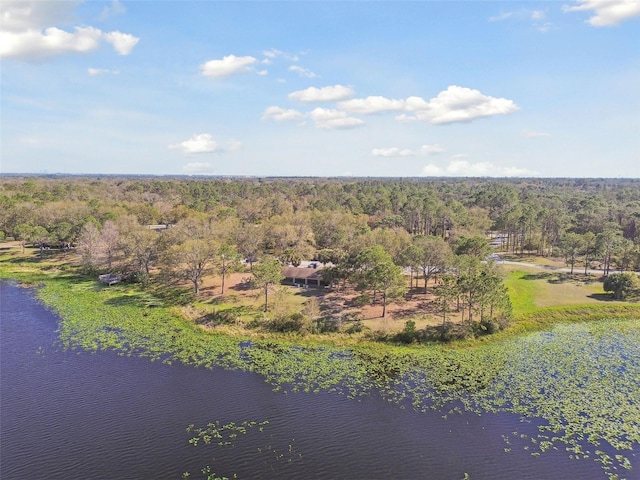 bird's eye view with a water view and a view of trees