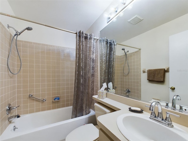 full bath with toilet, shower / bath combo, visible vents, and vanity