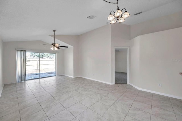 spare room featuring lofted ceiling, baseboards, visible vents, and ceiling fan with notable chandelier