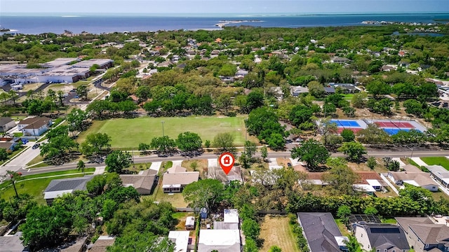 aerial view featuring a residential view and a water view