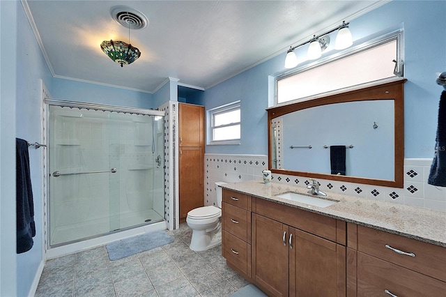 full bath with tile walls, visible vents, toilet, ornamental molding, and a shower stall