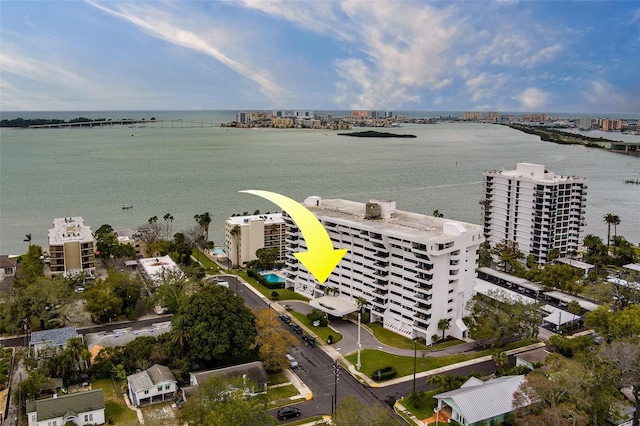 bird's eye view with a view of city and a water view