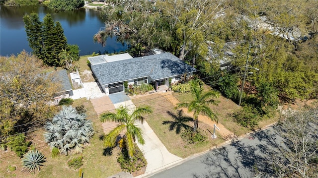 drone / aerial view featuring a water view