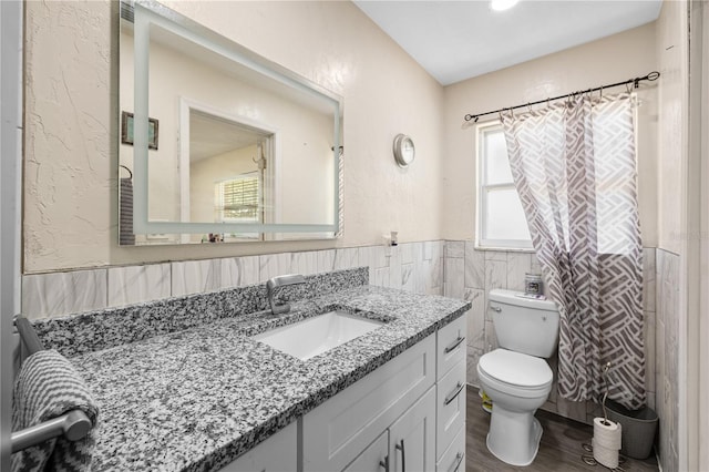 1131 60th Ave S, Saint Petersburg, FL 33705 - bathroom with toilet, vanity, wainscoting, tile walls, and wood finished floors