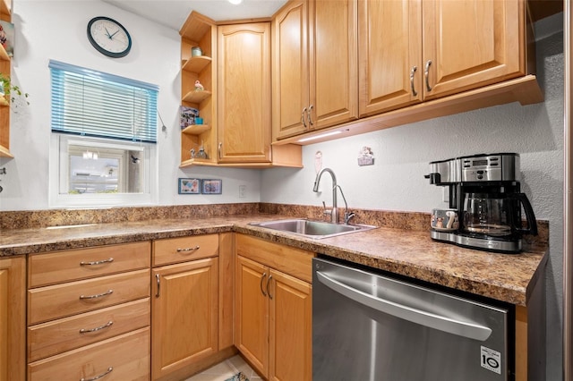 kitchen featuring open shelves, stainless steel dishwasher, and a sink