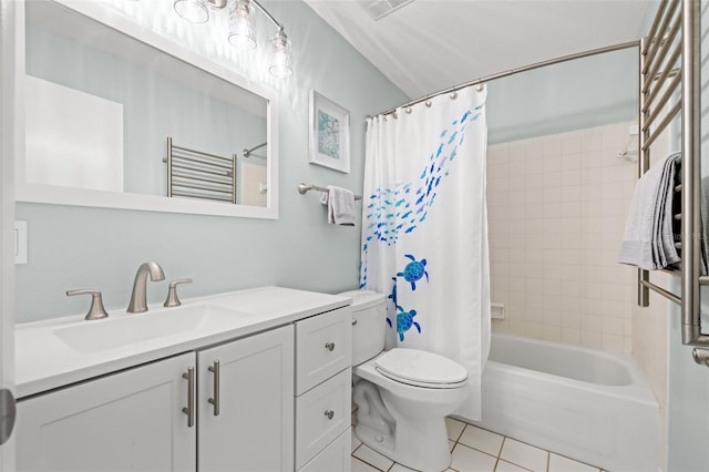 full bathroom featuring shower / tub combo with curtain, visible vents, toilet, vanity, and tile patterned floors