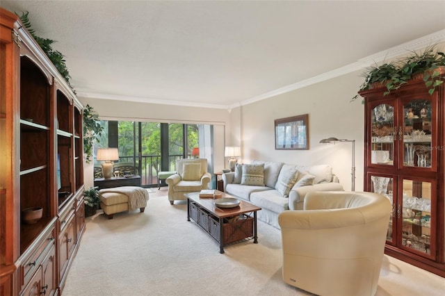 living room featuring light carpet and crown molding