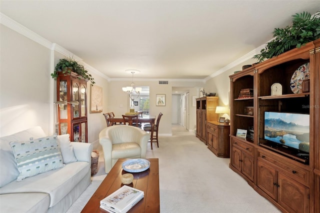 living area with an inviting chandelier, visible vents, crown molding, and light colored carpet