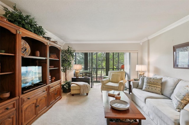 living area featuring light carpet, ornamental molding, and a textured ceiling