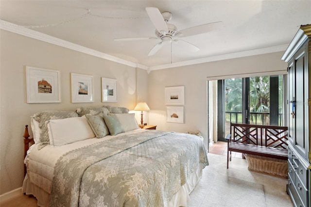 bedroom with light carpet, access to exterior, ceiling fan, and ornamental molding