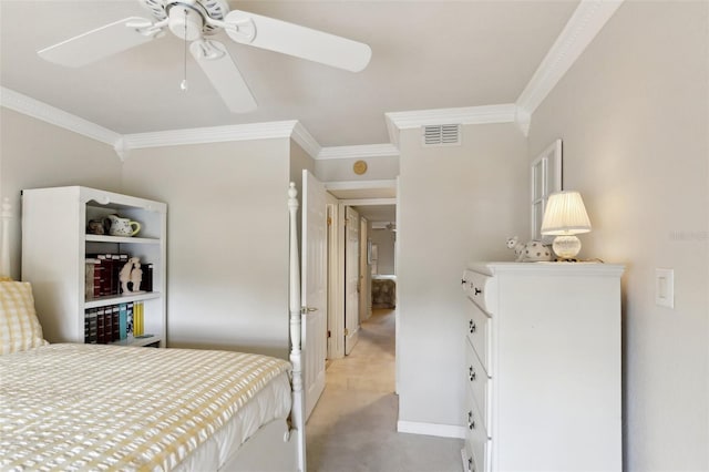 bedroom featuring light carpet, baseboards, visible vents, ceiling fan, and crown molding