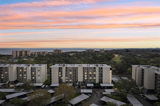 aerial view with a water view and a city view