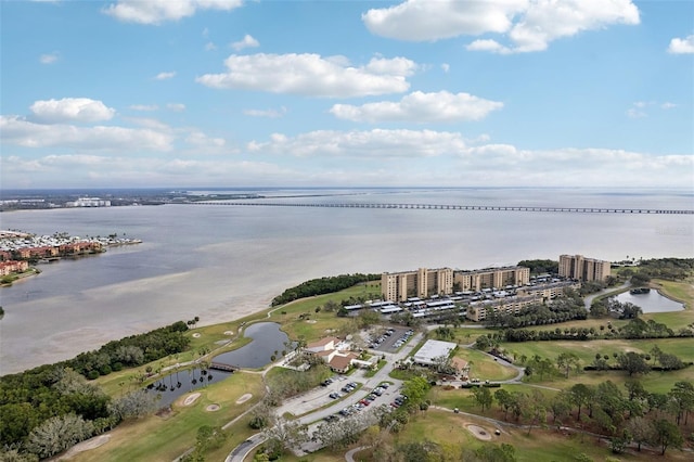 bird's eye view with a water view