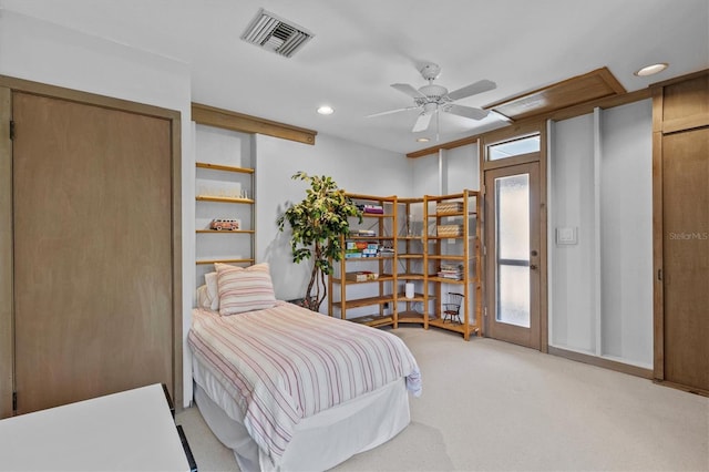 bedroom with light carpet, ceiling fan, visible vents, and recessed lighting