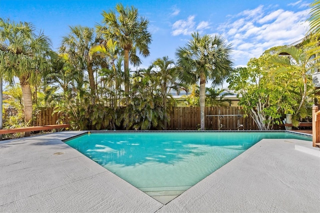 view of swimming pool featuring a fenced in pool, a patio area, and fence