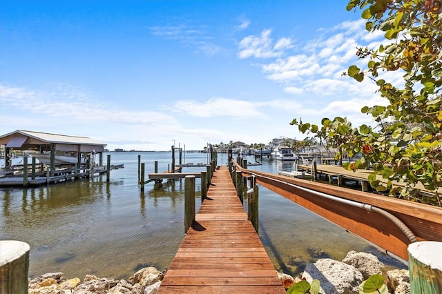 view of dock with a water view and boat lift