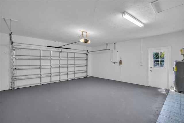 garage featuring a garage door opener, electric panel, and water heater