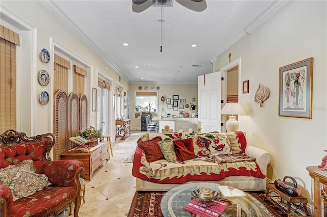 living room featuring a textured ceiling, ornamental molding, tile patterned flooring, and recessed lighting