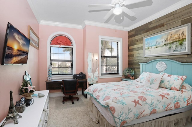 bedroom featuring wooden walls, a ceiling fan, and crown molding