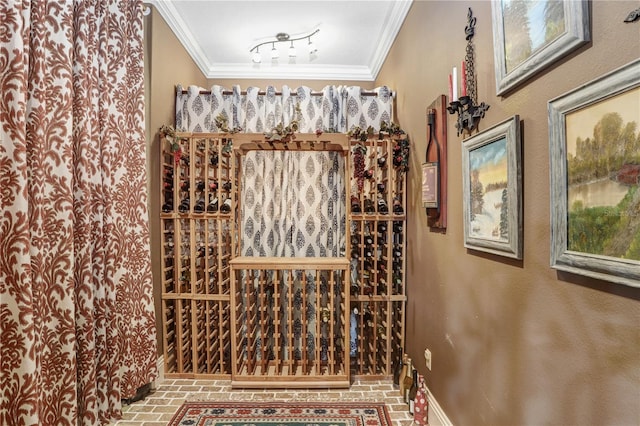 wine room featuring ornamental molding and brick floor