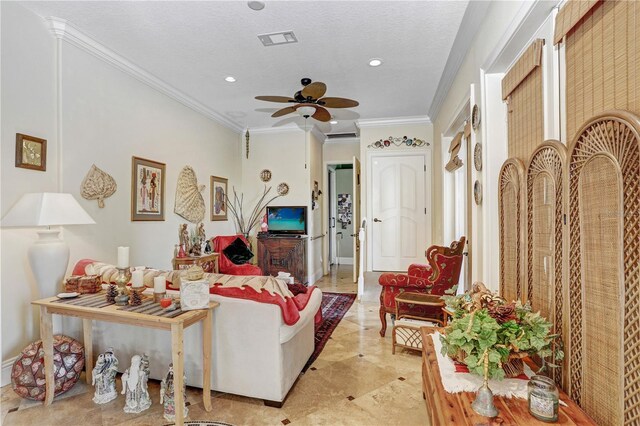 living area with a textured ceiling, ceiling fan, recessed lighting, visible vents, and ornamental molding