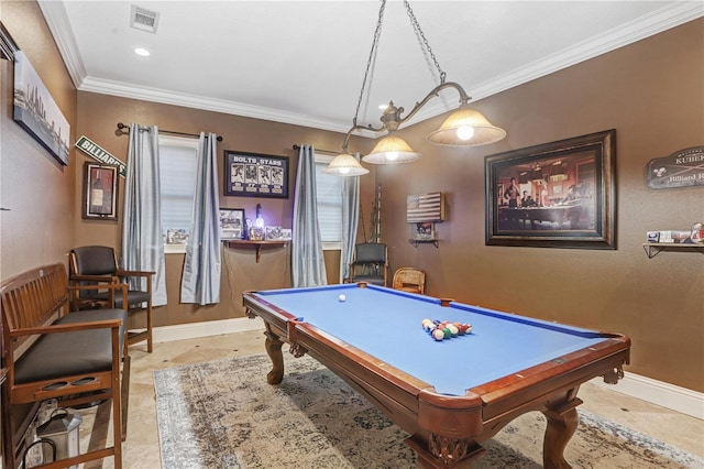 rec room with baseboards, billiards, visible vents, and crown molding